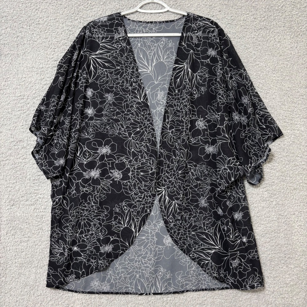 Lightweight Sheer Layering Kimono Floral Black White Open Front Flowing Top XXXL